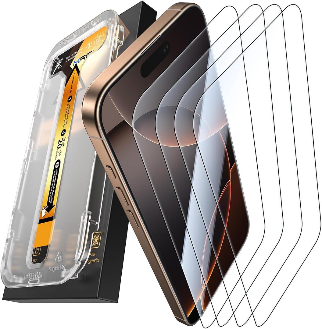 MRGLAS 4-Pack for iPhone 16 Pro Max Screen Protector [6.9"] 9H+ Hardness 12FT Military Grade Shatterproof Long Durable Tempered Glass Film with Flawless Fit Kit, HD Clear, Scratch Resistant