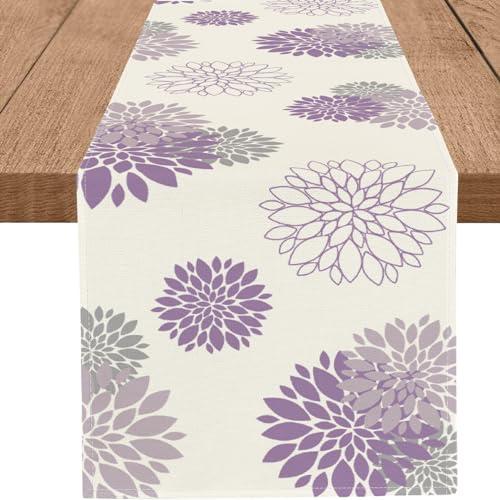 WHOMEAF Purple Dahlia Table Runner Modern Elegant Flower Beige Table Runners Geometric Pompon Farmhouse Coffee Table Center Decor for Home Kitchen Dining Party Indoor Outdoor (13x36 Inch)
