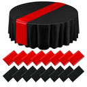 Tudomro 16 Pcs Black and Red Round Plastic Tablecloth and Satin Table Runner Set 84 Inch Round Covers 12 x 108 Inch Table Runners for Christmas Wedding Birthday Party Baby Shower