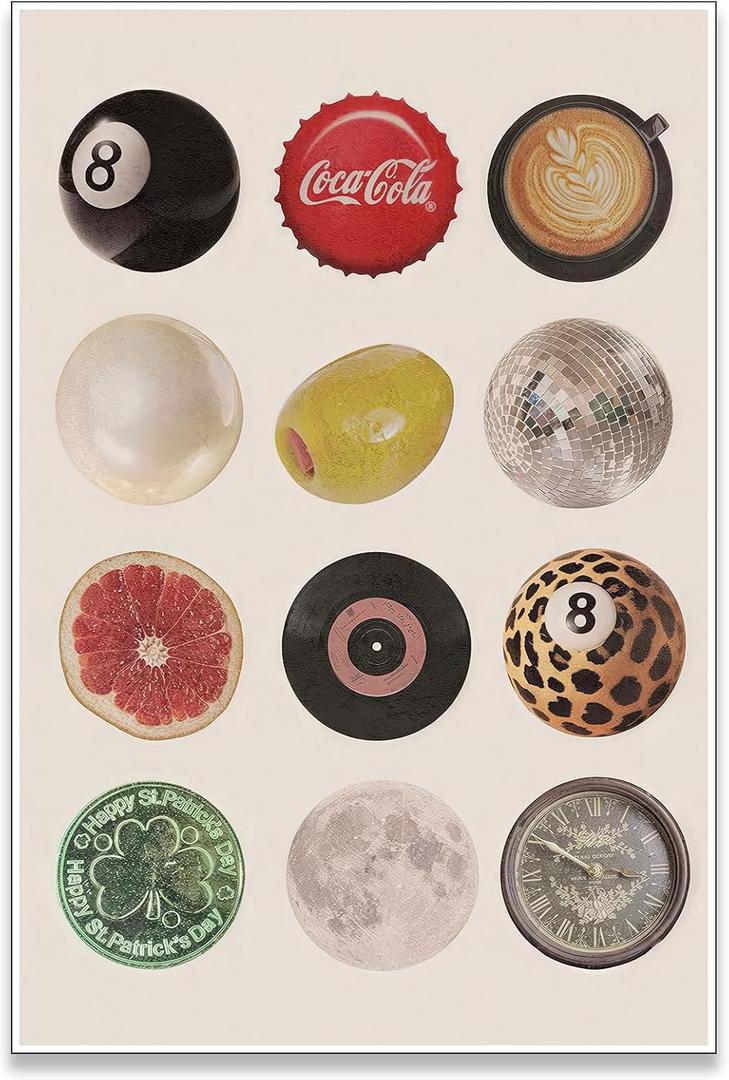 Vintage Retro Print, Trendy Disco Ball Canvas Wall Art，Lucky 8 Ball Poster Funky Music Posters，Minimalism Preppy Painting Wall Decor for Dorm Bedroom Living Room 