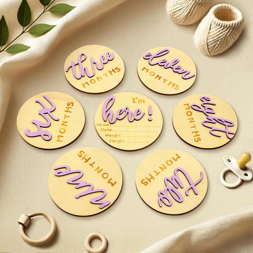 4 x Monthly Baby Milestone -Milestone Cards for Wooden Circles Discs, Photoshoot Props for Baby Boys & Girls, The Baby Essentials for a Newborn Gender-Neutral Baby, 3D Design,7 Pack,Pink, 4 Inch
