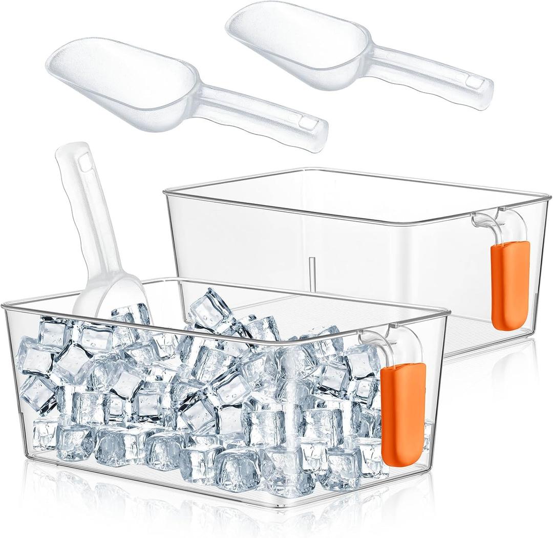 Havawish 2 Set Ice Bin and Flexible Scoop Set Plastic Freezer Ice Bin with Pull out Handle Clear Storage Bucket for Container with Bucket Scoop(Orange,10.83 x 7 x 4.33 in)