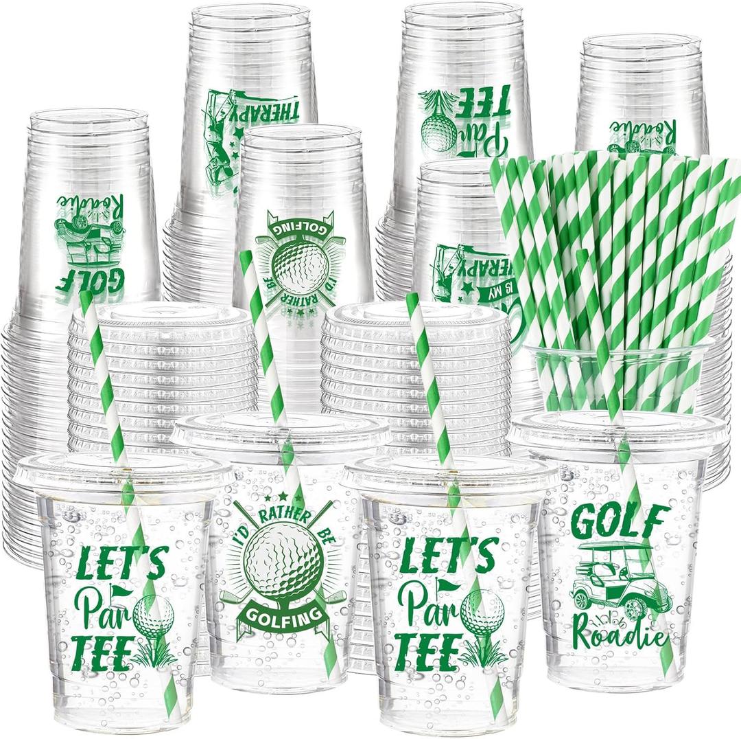 100 Sets Golf Party Cups Golf Ball Party Favor 12 oz Clear Plastic Cups Bulk with Lids Straw Drinking Cup Disposable Tumblers Supplies for Birthday Baby Shower Bachelor Themed Decoration