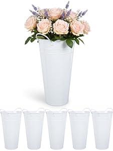 Flower Bucket for Flower Bar, 6 Pcs 10.2 Inch Metal Vases with Handles, Leak-Proof White French Buckets for Valentine's Day, edding Centerpieces, Baby Shower, Mother's Day, Farmhouse Rustic Home Decor