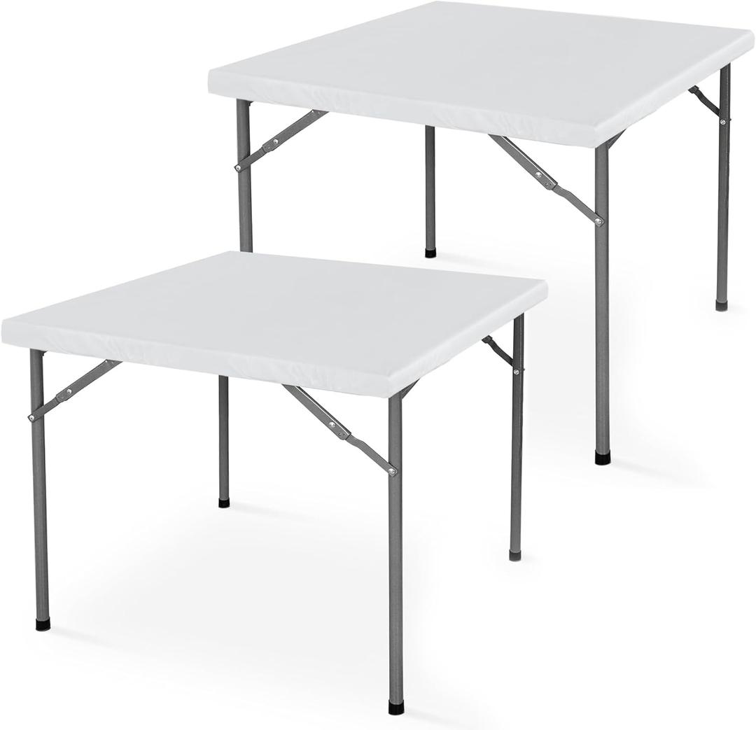 LUSHVIDA 2 Packs Vinyl Card Tablecloth with Flannel Backing 34x34 inch - Waterproof Plastic Picnic Table Cover for Square Folding Table Cloth with Elastic Corners, White