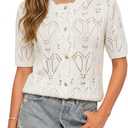 Womens Summer Crochet Cardigan Tops Short Sleeve Casual Knit Blouses Hollow Out Crew Neck Button Down Sweater Shirts (XL)