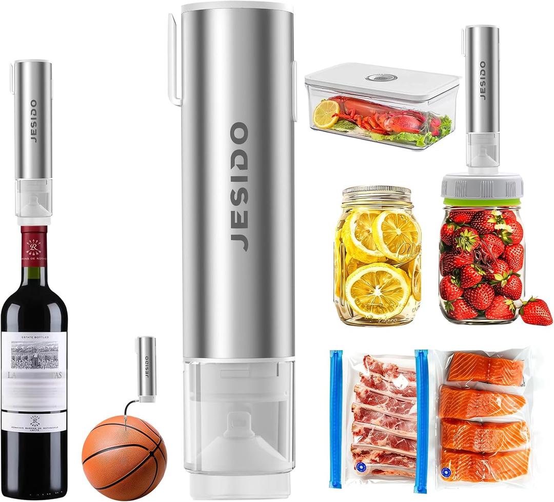 5 in 1 Electric Mason Jar Vacuum Sealer kit,1800 mAh Handheld Vacuum Sealer for Food, Compact, for Wide Mouth and Regular Mouth Mason Jars, Wine Bottles, Sous Vide Bags, Food Storage Containers (Gray Silver)