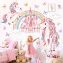 decalmile Large Unicorn Rainbow Wall Stickers Pink Castle Butterfly Wall Decals Baby Nursery Bedroom Girls Room Home Decor