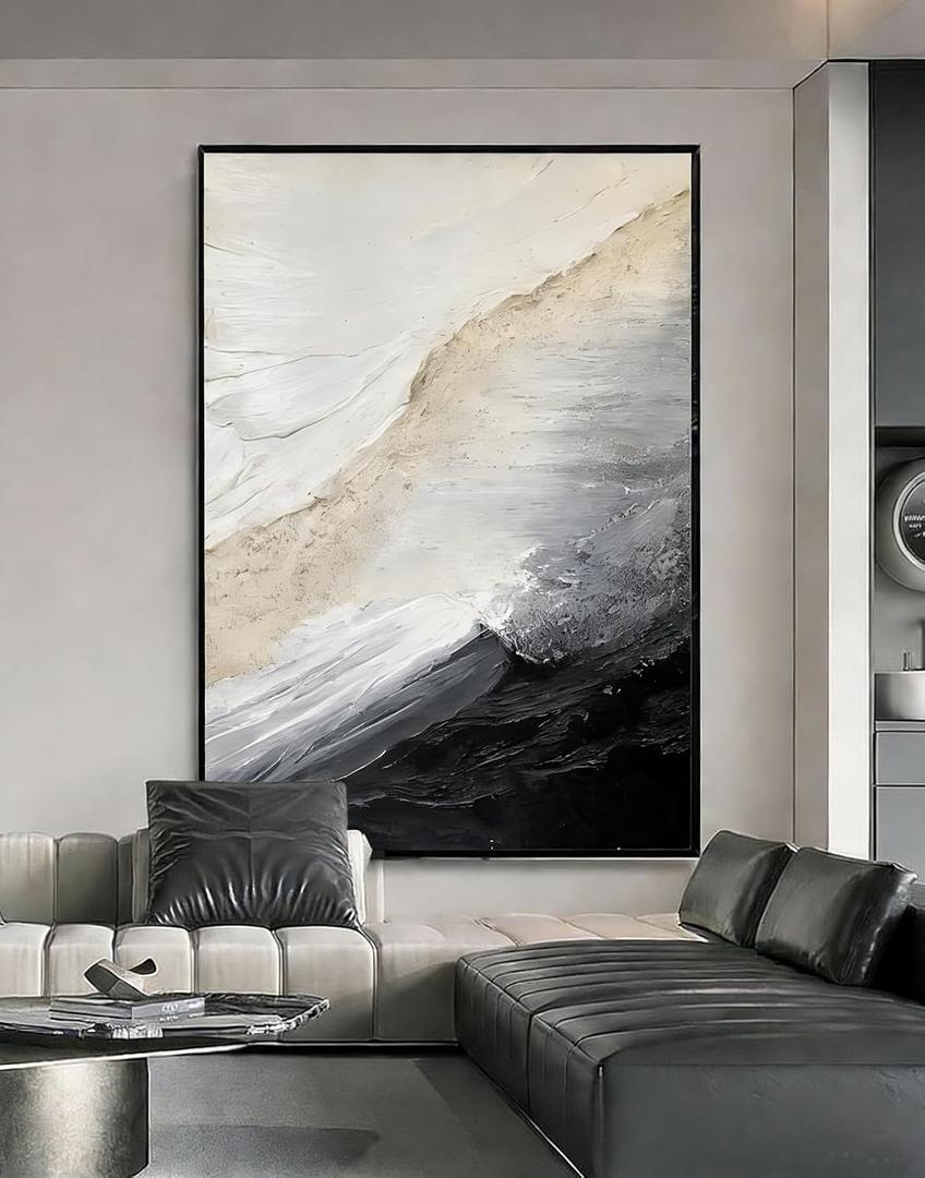 3D Textured White and Black Seascape Wall Art For Entryways, Large Framed Impasto Abstract Oil Painting for Living Room, Neutral Tone Wabi-Sabi Minimalist Wall Decor for Office/ Bedroom 28x40 inches