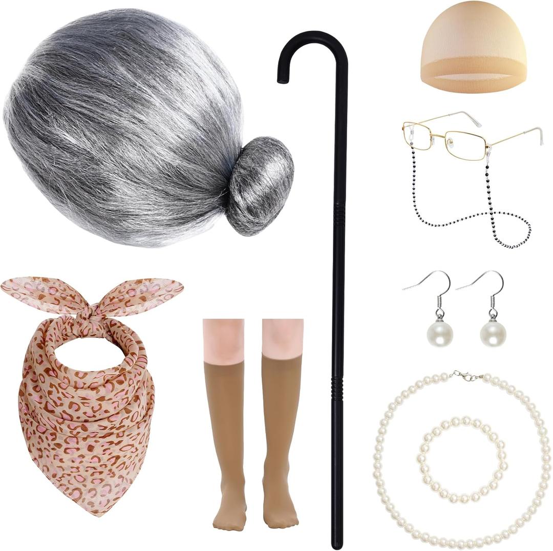 10Pcs Old Lady Costume 100 Days of School Wig Glasses Necklace Earrings Kerchief Stockings Cane for Halloween (Gray)