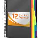 12 Pocket Project Organizer, Forvencer 1/6-cut Tab Binder Organizer with Sticky Labels, Multi Pocket Folder with Zipper Pouch, Folder Binder Spiral Pocket Notebook, Office Supplies, Letter Size, Black