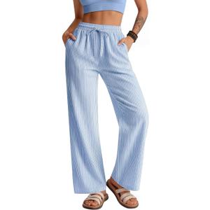 Neer Women's Striped Gingham Pants Cotton Plaid Pajama Lounge Boxer Pants Drawstring Pj Bottoms Wide Leg Trousers with Pocket(Blue White Stripe, X-Large)
