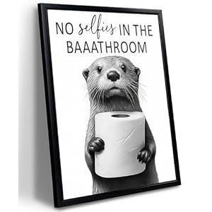 Framed Funny Bathroom Wall Decor, Black and White Bathroom Canvas Wall Art, Cute Otter Holding A Roll of Toilet Pictures Decor, Funny Animal Print Artwork – 12x16in