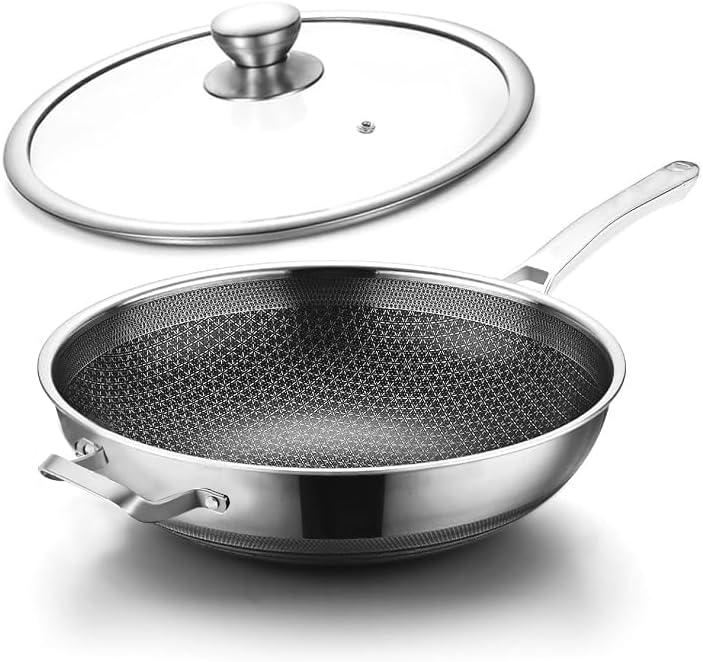 Wok Pan,Hybrid Nonstick 14 Inch Wok with Lid,Induction Non Stick Stainless Steel Large Deep Woks&Stir-Fry Pans,Stay-Cool Handle Skillets,PFOA Free Cookware