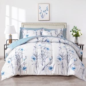 6 Piece Bed in a Bag Twin Comforter Set with Sheets, Blue Flower Branch on White Botanical Bedding Sets for Kids (1 Comforter, 2 Pillow Shams, 1 Flat Sheet, 1 Fitted Sheet, 1 Pillowcases)