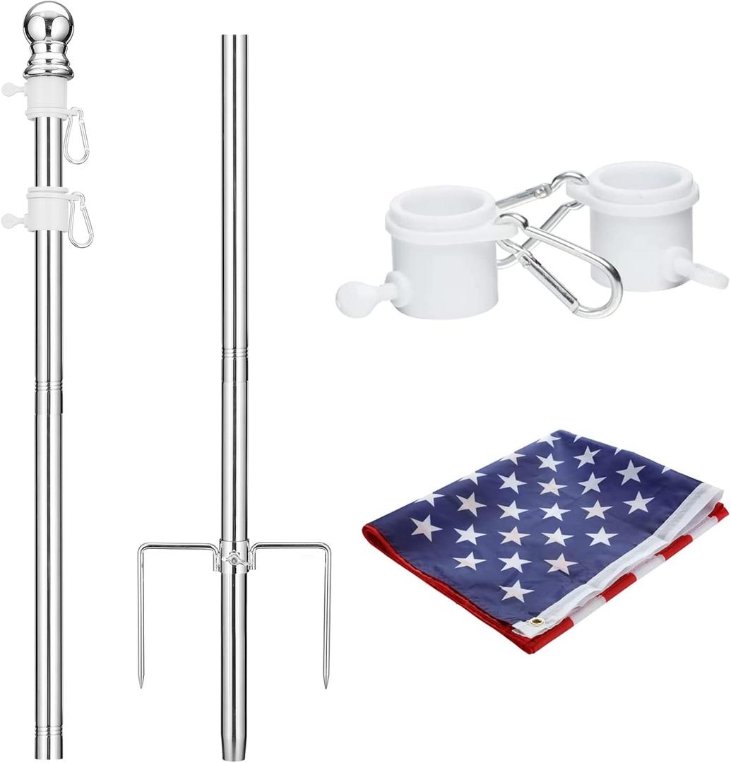 BsBsBest Flag Poles for Outside in Ground, 8.2FT Telescoping Flag Pole Kit for Yard with 35FT American Flag, Stainless Steel Portable Residential Flag Pole with 35FT American Flag for HouseSilver