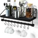 Alsonerbay Floating Shelves Wall Shelves for Bedroom, Bathroom Shelves Wall Mounted with Towel Bar, Kitchen Rustic Wood Shelf with Hooks for Hanging Cooking Utensils or Mugs (Black)