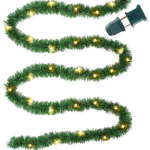 Biswing 15FT Pre-lit Christmas Green Garland Upgrade, Lighted Artificial Pine Garlands with 35 Count Clear Lights, Connectable & Light Up for Indoor Outdoor Home Winter Holiday New Year Decorations (Warm White)