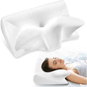 Cervical Neck Pillow for Pain Relief, Adjustable Ergonomic Memory Foam Pillow for Neck and Shoulder Pain, Orthopedic Contour Support Pillows for Side Sleepers, Pure White