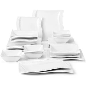 MALACASA Plates and Bowls Sets, 26 Pieces Ivory White Porcelain Dinnerware Sets without Mugs, Square Dinnerware with Dinner Plates, Bowls and Serving Platters, Modern Dish Set for 6, Series Flora