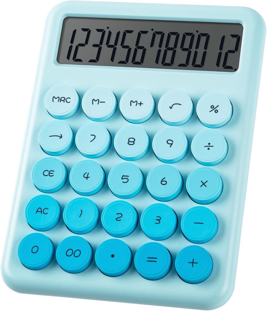 Cute Blue Desk Calculator - 12 Digit Large LCD Display, Big Button, Aesthetic Mechanical Calculator for Office & School