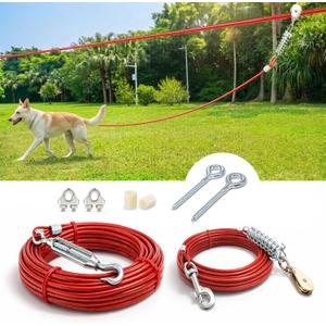 Heavy Duty Aerial Dog Tie Out Trolley System for Small to Large Dogs - Run Cable 100ft /75ft Zipline with 10ft Runner Cable Great for Yard (Red, 100 ft for one Dog up to 200 lbs)