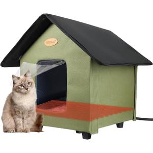 Heated Cat Houses for Outdoor Cats - Elevated Weatherproof Insulated Heated Outdoor Cat House for Winter - Feral Cat Shelter for Outside Cats - Outdoor Heated Cat House (Green)