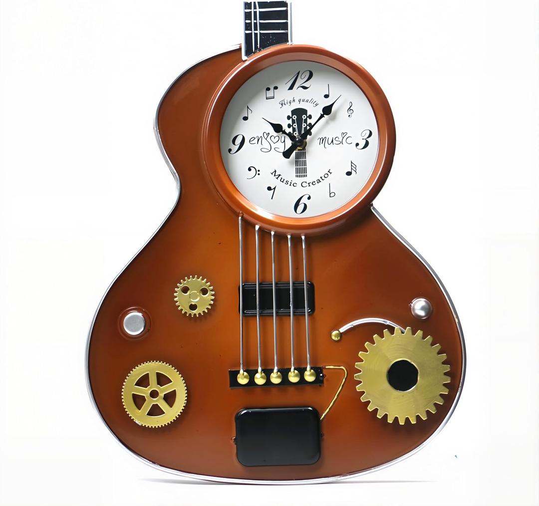 Guitar Wall Clock  Retro Brown Metal Guitar-Shaped Clock with Gears, Silent Non-Ticking, Music Room Decor for Musicians, Music Lovers, Men, Teens, 16" (Yellow)