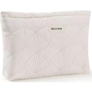 White Cotton Quilted Makeup PouchCute Puffy Coquette Makeup Bag,Floral Cotton Quilted Cosmetic Bag for Women and Girls,Makeup Organizer Bag Zipper Pouch (White Shells)