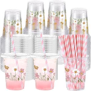 50 Pcs Boho Flower Disposable Cups with Lids and Straw 12 oz Spring Summer Floral Clear Plastic Drinking Cups Wildflowers Drinking Cups for Summer Spring Birthday Baby Shower Party Supplies
