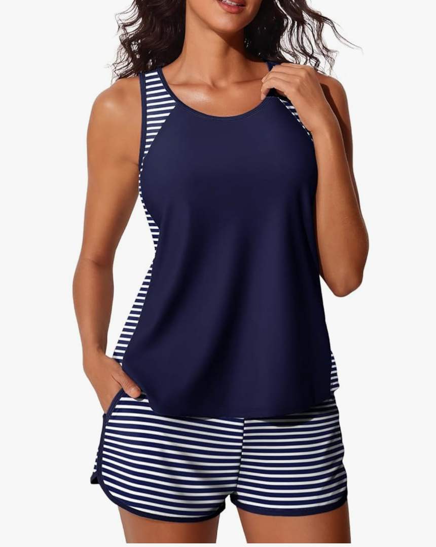 Summer Mae Blouson Tankini Swimsuits for Women 2025 Tummy Control Two Piece Bathing Suits with Sporty Pockets Swim Shorts, 10