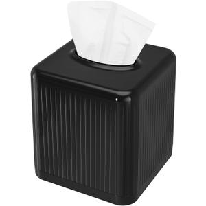 Livelab Square Plastic Tissue Box Holder with Base - Modern Cube Decorative Tissue Cover for Bathroom, Countertop, Living Room, Bedroom, Office - Black