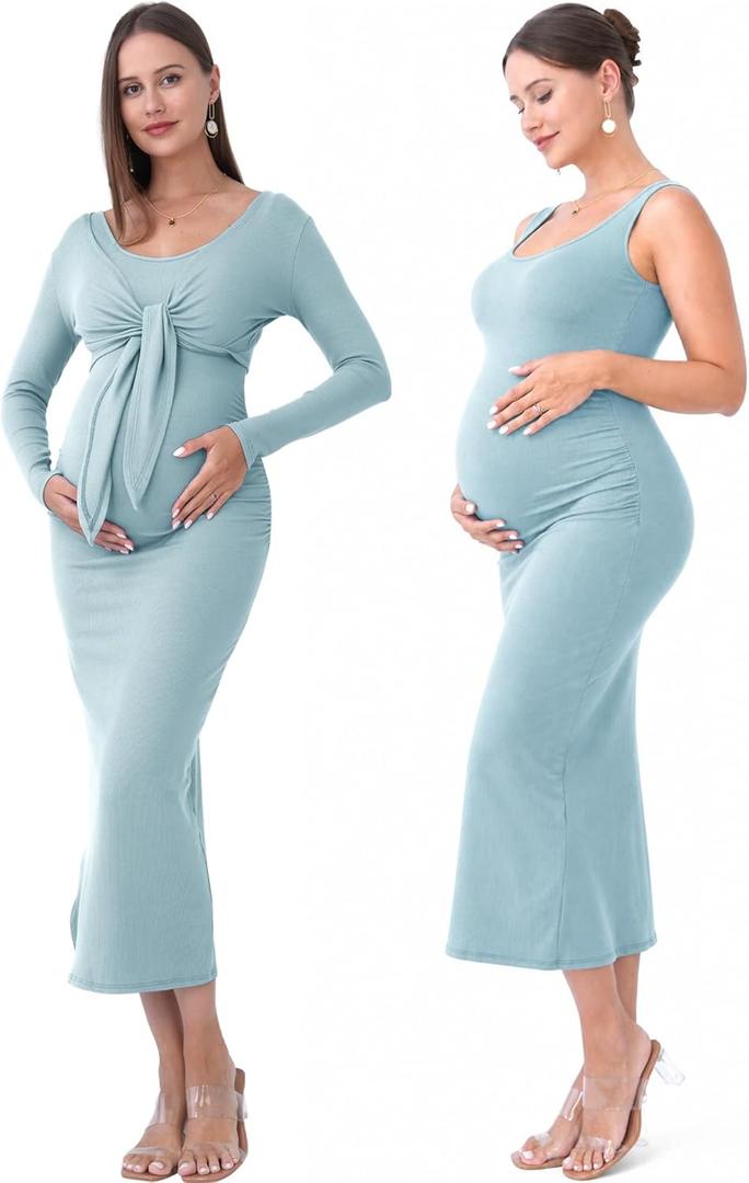 2 PCS Maternity Dress Short Cardigan Bodycon Maxi Formal Dresses Baby Shower Spring Summer for Women (Blue, M)
