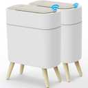 Yatmung 2 Pack - Motion Sensor Trash Can with Lid Slim Smart Garbage Can - Waste Basket for Bedroom, Office, Kitchen, Living Room - Automatic Trash Can Bathroom Touchless - White with Wooden Legs