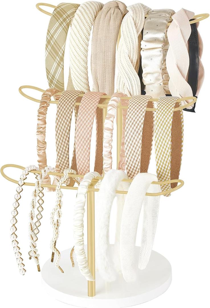 Dahey Headband Holder Organizer Metal 3-Tier Hair Hoop Display Stand Headband Organizer Storage Hair Ropes Accessories Bracelets Bangles Bedroom College Dorm Decor for Girls Women, Gold
