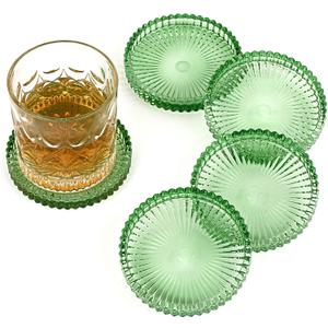 OGANAZI Modern Clear Coaster Set of 5- Glass Coasters for Drinks Crystal Coasters Round Cup Mat, Coffee Table Decor for Office, Kitchen, Bar, Dining Room, Living Room, Patio(Clear Green)
