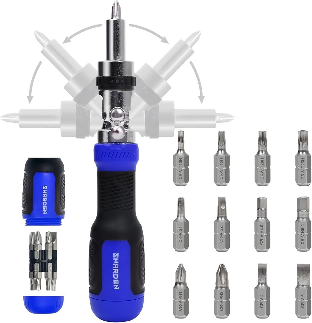 SHARDEN Ratcheting Screwdriver 13-in-1 Multibit Screwdriver All in One Screwdriver Set with Phillips, Flat Head, Torx Security, Hex, Robertson, 180 Degree Pivoting Adjustable Angled Screw Driver Set (Blue)