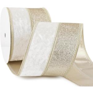 Ivory Velvet Wired Christmas Ribbon 4 Inch Extra Wide Thick Ivory and Gold Glitter Holiday Ribbon  10-Yards Roll for Tree Decorations, Gift Wrapping, Wreaths, and DIY Crafts