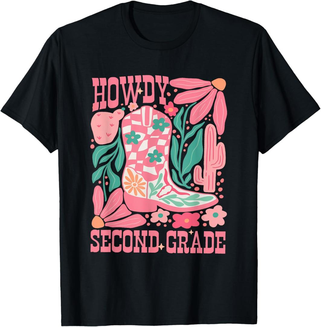 Howdy Second Grade Western 2nd Grade Teacher Cowboy Cowgirl T-Shirt (Small, Black)