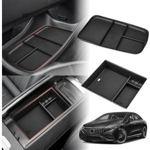 Sunsdrew 2025 Upgraded 2PCS Mercedes-Benz EQS Center Console Organizer&Lower Center Console Tray for 2023 2024 2025 Mercedes Benz EQS Interior Accessories Anti-Slip