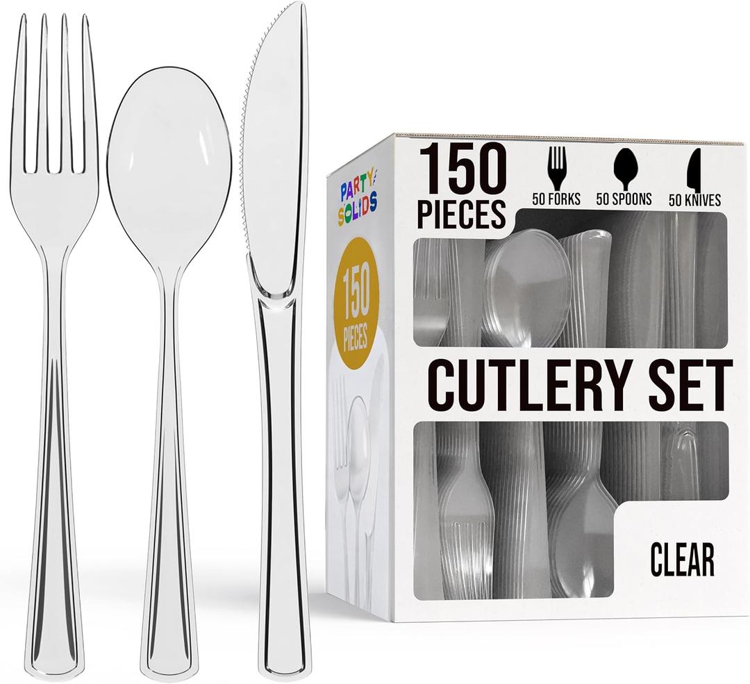 Party Solids Clear Plastic Silverware Heavy Duty 150 Pieces Clear Disposable Silverware Heavy Duty, Utensil Sets, 50 Of Each Forks, Knives & Spoons Disposable Cutlery Set For Party Supplies