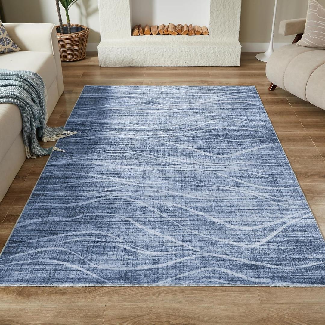 WITSHOCK 5x7 Area Rug for Living Room, Washable Rugs for Bedroom Kitchen Nursery Dining Room Office, Modern Wave Striped Rugs, Soft Thin Carpet Non Slip Low Pile for Home Decor, Blue