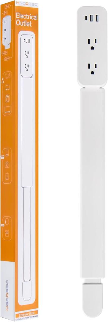 Electrical Outlet Extender Stick - Features USB-A, USB-C and 2 AC Outlets, Extends 22"-34", Rotates 180° Access Hard-to-Reach Outlets, Wall Plug Power Socket Expander Nightstands, Sofa, Desks and More