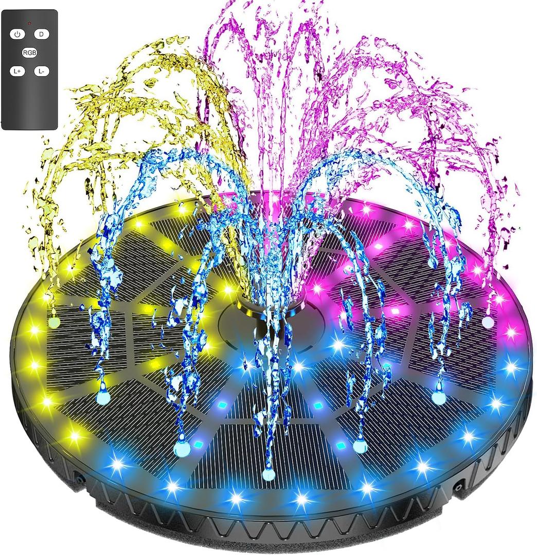 SZMP Remote Control Solar Fountain with Colorful Lights,Solar Water Fountain for Bird Bath Garden Outdoor Decor,Built-in 4000mAh Battery 7 Nozzle 4 Fixer