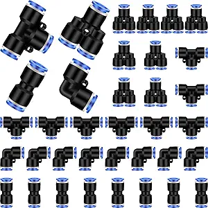 Hotop Push to Connect Fittings Air Line Pneumatic Fittings Kit Quick Release Pneumatic Connectors Air Line Splitters Elbows Tee Straight Tubes(20 Pcs,Blue,1/2 Inch Od)