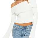 Goranbon Women's Off Shoulder Ribbed Knit Crop Sweaters Cute Wrap Long Sleeve Slim Pullover Jumper Tops (White)