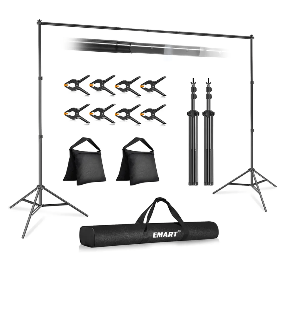 EMART Backdrop Stand 10x7ft(WxH) Photo Studio Adjustable Background Stand Support kit with 2 Crossbars, 8 Clamps, 2 Sandbags and Carry Bag for Parties, Events Decoration, Wedding, Photography