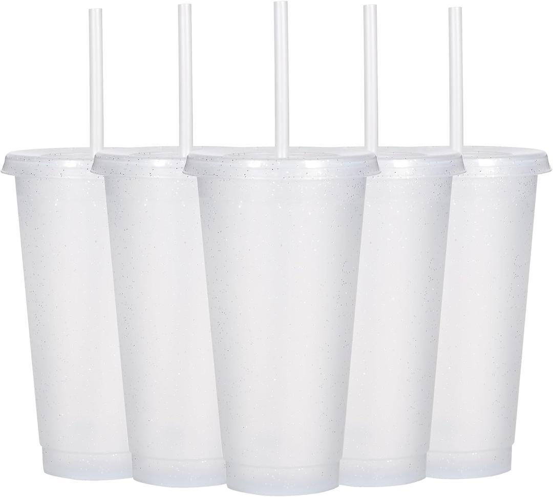 Suertestarry Tumbler with Straw and Lid,Water Bottle Iced Coffee Travel Mug Cup,Reusable Plastic Cups,Perfect for Parties,Birthdays,24oz-5 Pack (White, 5pack)