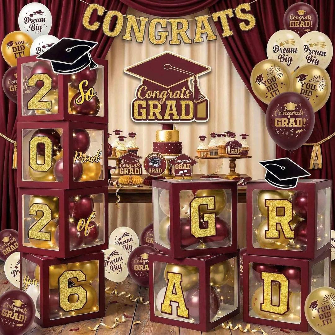 Graduation Decorations Class of 2026 Maroon and Gold Balloon Boxes for High School & College, Congrats Grad Party Table Decorations with 4 String Lights, 2026 GRAD So Proud of You Letters
