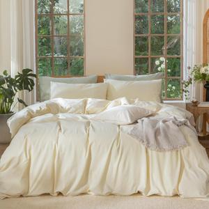 Bedding Duvet Cover Set 100% Washed Cotton Linen Like Textured Breathable Durable Soft Comfy (Solid Cream, Queen 90"x90")